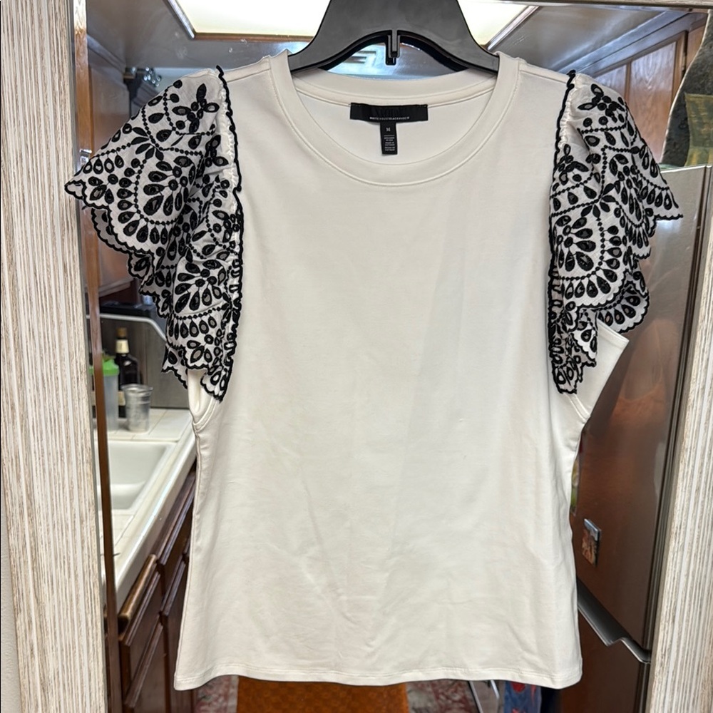New Elegant White Top with Black Lace Sleeves